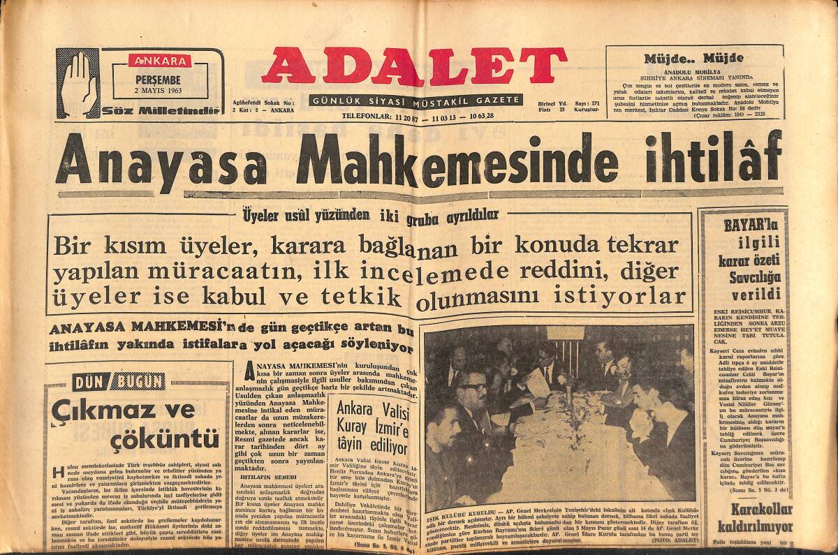 Adalet Gazetesi 2 Mayıs 1963 - Anayasa Mahkemesinde İhtilaf - Celal Bayar'la İlgili Karar Özeti Savcılığa Verildi! GZ139671 - 1
