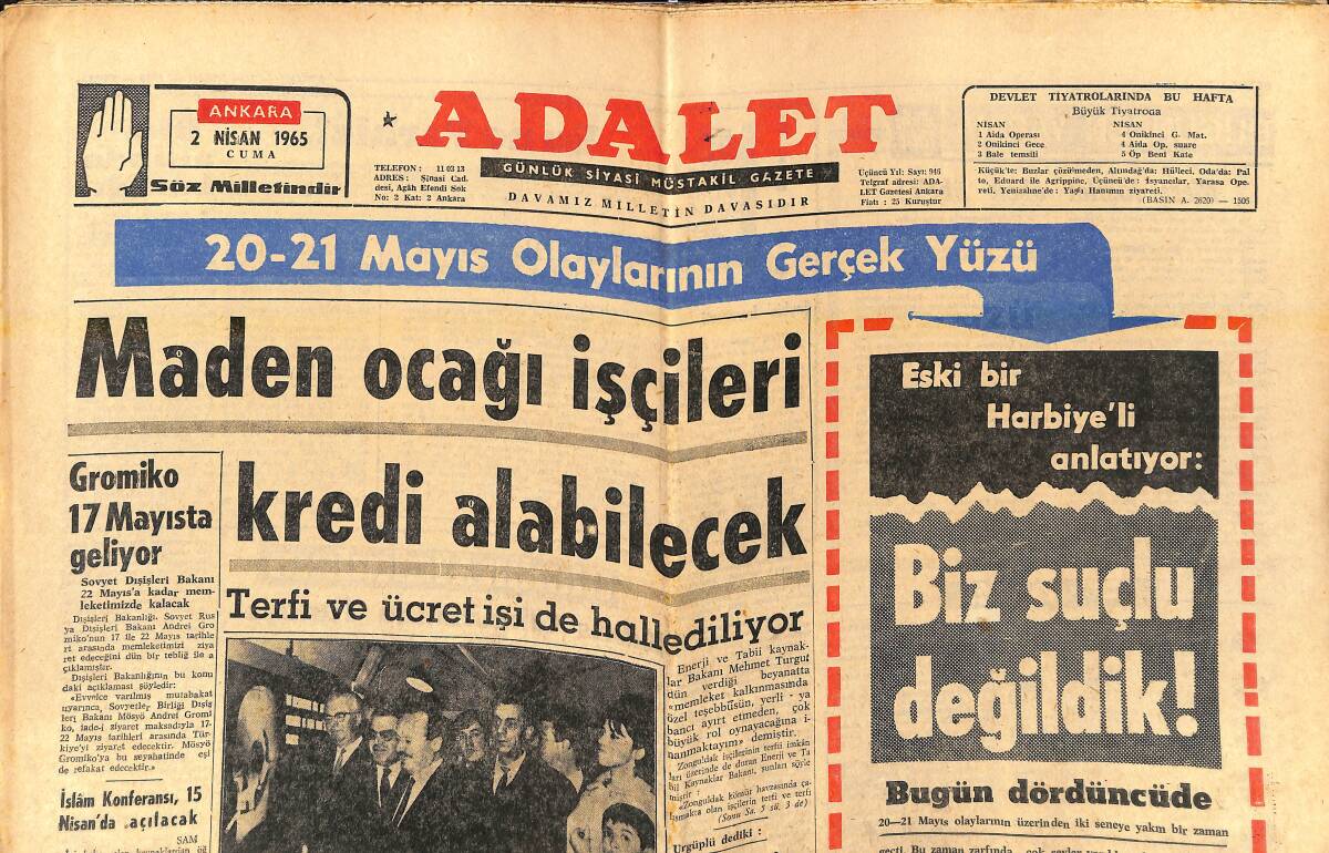 Adalet Gazetesi 2 Nisan 1965 - Fenerbahçe'nin Gayesi: 2 Galibiyet - Nimet Arzık: 1950 Öncesi Ankara - 20-21 Mayıs Olaylarının Gerçek Yüzü GZ139752 - 1