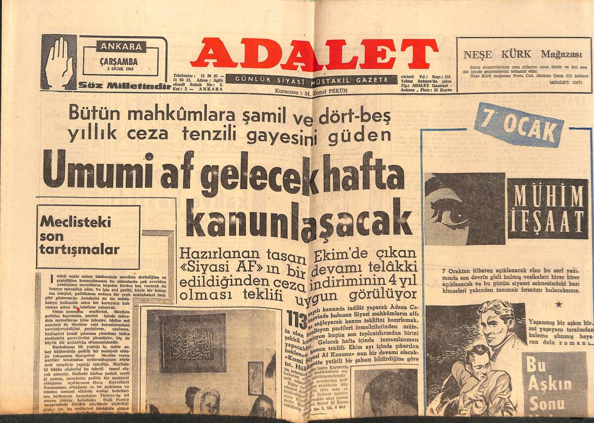 Adalet Gazetesi 2 Ocak 1963 - Umumi Af Gelecek Hafta Kanunlaşacak - Celal Bayar Ailesi'nin Teşekkürü! GZ139663 - 1