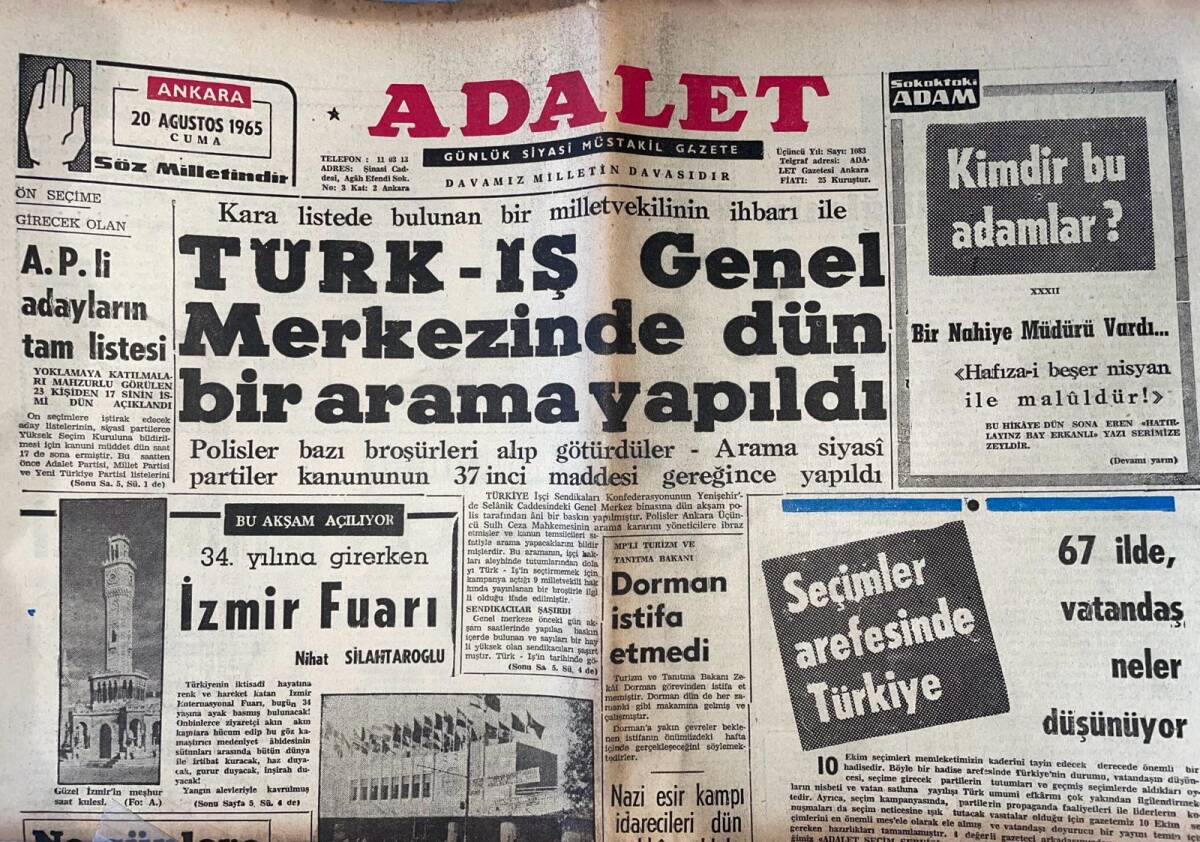 Adalet Gazetesi 20 Ağustos 1965 - Grit 65 James Bond'a Karşı - Galatasaray'da Üzüntü Havası Esiyor - Seçimler CHP İçin Hüsran Olacaktır GZ139577 - 1