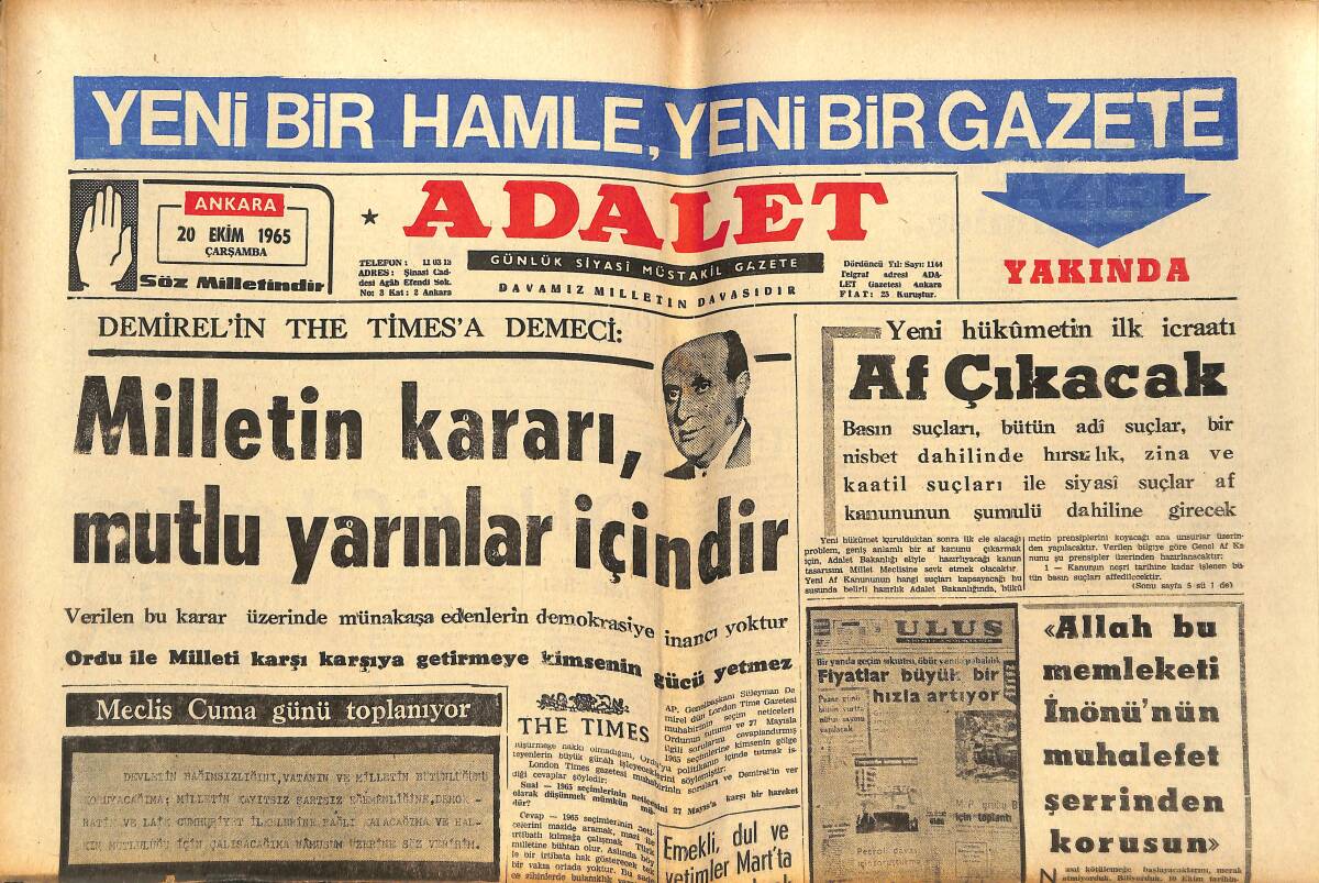 Adalet Gazetesi 20 Ekim 1965 - Allah Bu Memleketi İnönü'nün Muhalefet Şerrinden Korusun - Cevat Önder Tekrar Yazıyor GZ139549 - 1