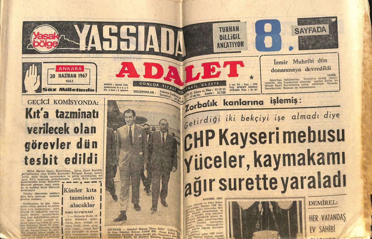 Adalet Gazetesi 20 Haziran 1967 - CHP Kayseri Mebusu Yüceler, Kaymakamı Ağır Surette Yaralandı - CHP'Lİ Halil Sezai Erkut 14 Milyonu Ne Yaptı? GZ146350 - 1