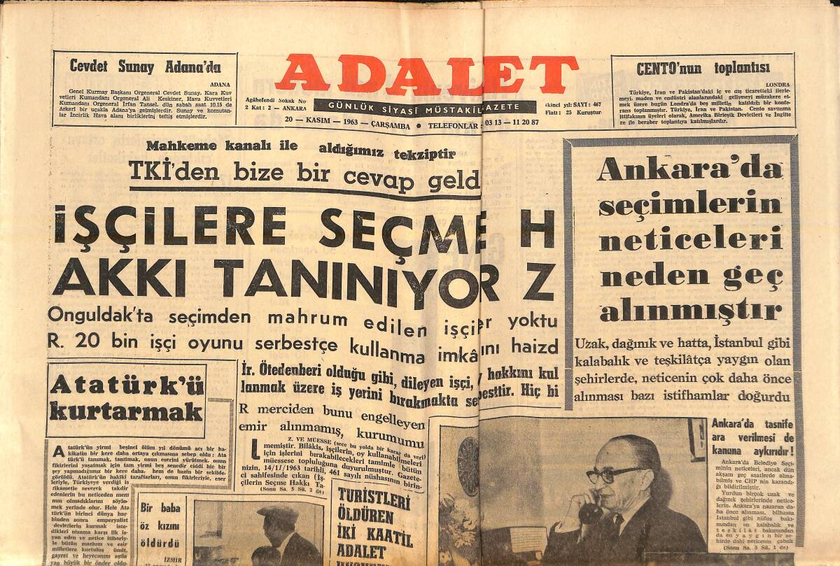 Adalet Gazetesi 20 Kasım 1963 - Millet AP İledir! - İşçilere Seçme Hakkı Tanınıyor - Ziraat Bankası 100 Yaşında GZ139613 - 1