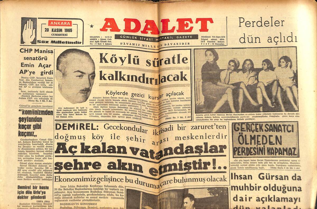 Adalet Gazetesi 20 Kasım 1965 - CHP'de Sol Sağ Çatışması - Sevilen Bir Solist Sergio - Haymana'da Tifo Salgını GZ139557 - 1