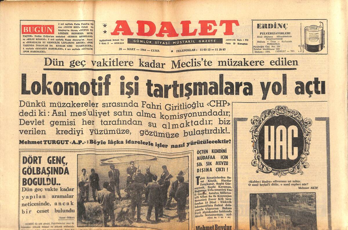 Adalet Gazetesi 20 Mart 1964 - Koç ve İlk Fiyasko - İnönü, Yine İstifa Ederim Dedi - Hacer Nine 169 Yaşında Öldü - Limasol'da Rumlar Dün Nümayiş Yaptı GZ139723 - 1