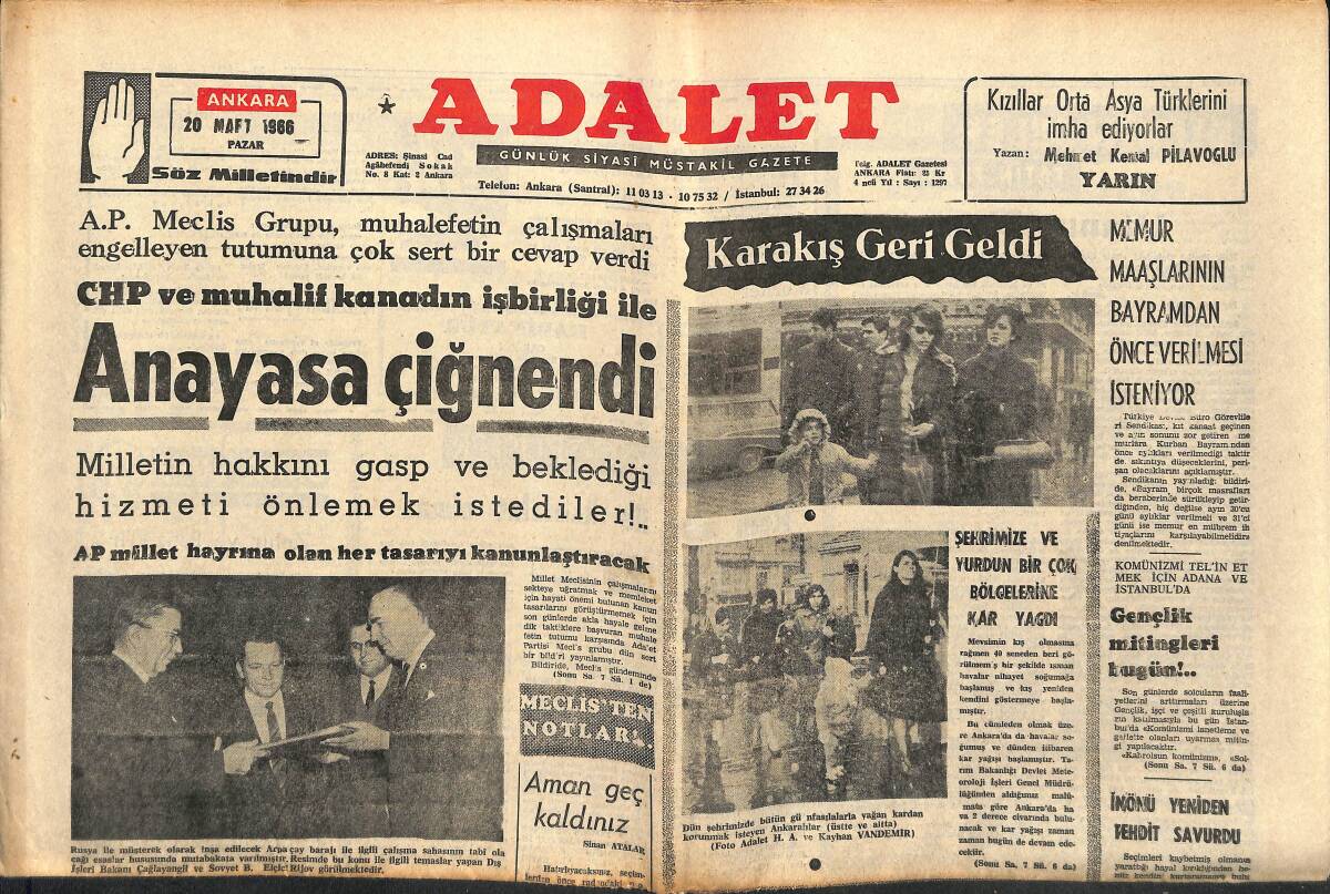 Adalet Gazetesi 20 Mart 1966 - CHP Ve Muhalif Kanadın İşbirliği İle Anayasa Çiğnendi - Tıp Teşkilatı Mersin Öğretmenler Derneği İle İşbirliği Yapıyor! GZ139853 - 1