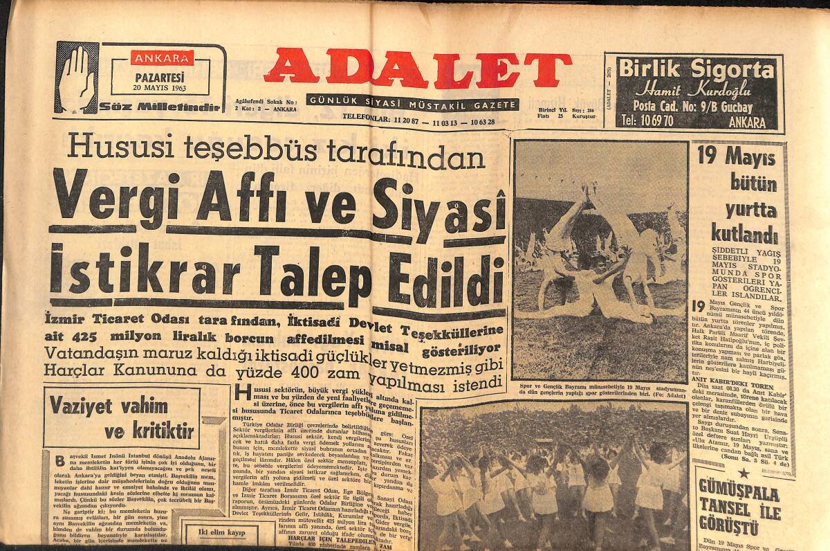 Adalet Gazetesi 20 Mayıs 1963 - Vergi Affı Ve Siyasi İstikrar Talep Edildi - İsmet İnönü Zonguldak İşçi Kongresinde Şiddetle Tenkid Edildi! GZ139686 - 1