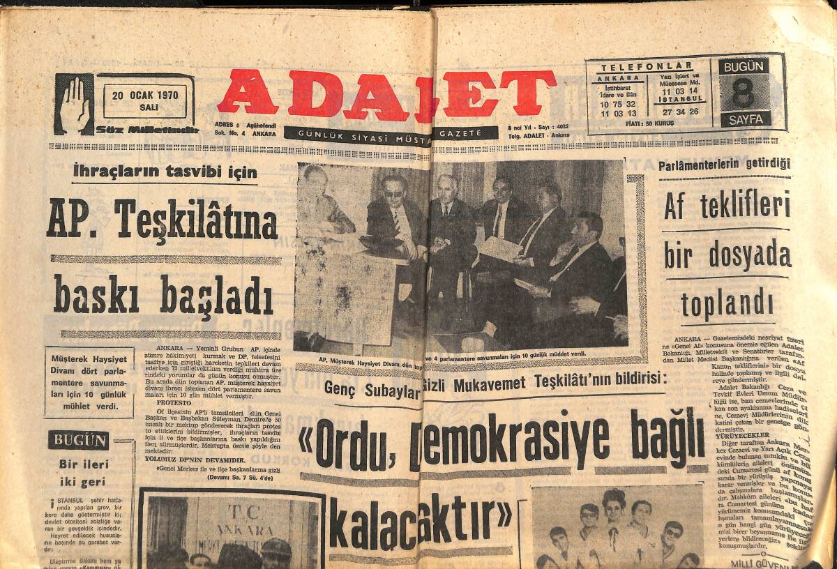Adalet Gazetesi 20 Ocak 1970 - Galatasaray Kan Ağlıyor! Metin Oktay 