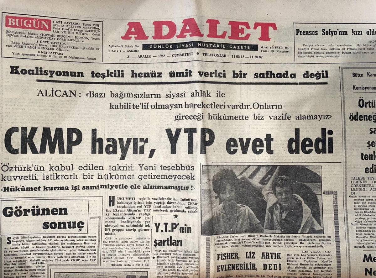 Adalet Gazetesi 21 Aralık 1963 - Fisher, Liz Artık Evlenebilir Dedi - Hitlerin Aile Ağacı 100 Sterline Satıldı - Milyonların Katili 22 Nazi Yargılandı GZ139702 - 1