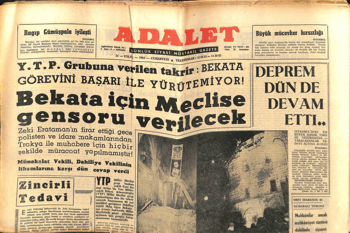 Adalet Gazetesi 21 Eylül 1963 - Kennedy Dün Zenci Liderlerle Görüştü - Erataman'ın Firarına Yunanlar'da Yardım Etmiş GZ139732 - 1