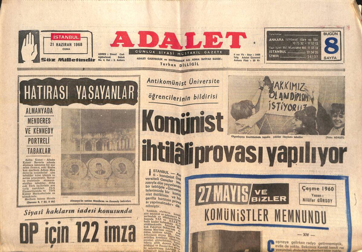 Adalet Gazetesi 21 Haziran 1968 - Komünist İhtilali Provası Yapılıyor! - NATO Bakanlar Konseyi Toplanıyor! GZ139483 - 1