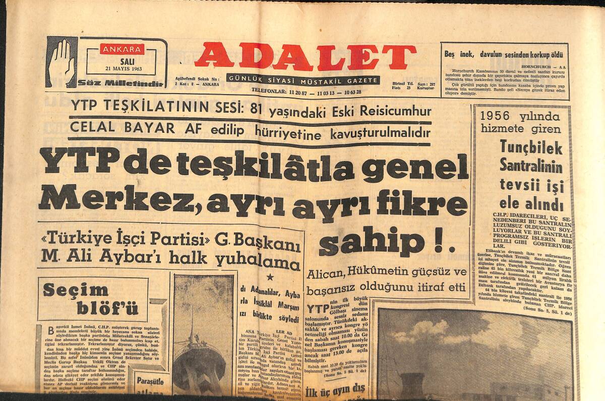 Adalet Gazetesi 21 Mayıs 1963 - Y.T.P De Teşkilatla Genel Merkez Ayrı Fikirlere Sahip! - Senato Seçimleri Haziran 1964'te GZ139685 - 1