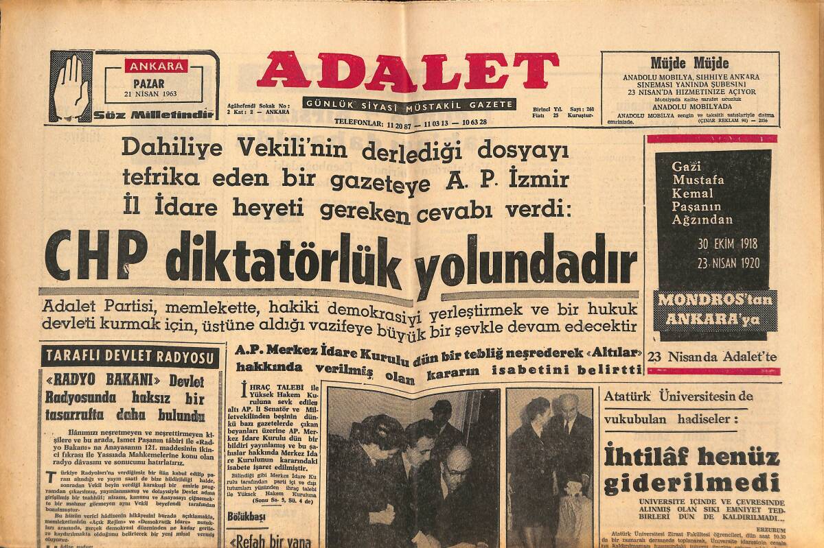 Adalet Gazetesi 21 Nisan 1963 - CHP Diktatörlük Yolundadır - Kennedy'nin Özel Temsilcisi Ankara'ya Geliyor! GZ139864 - 1
