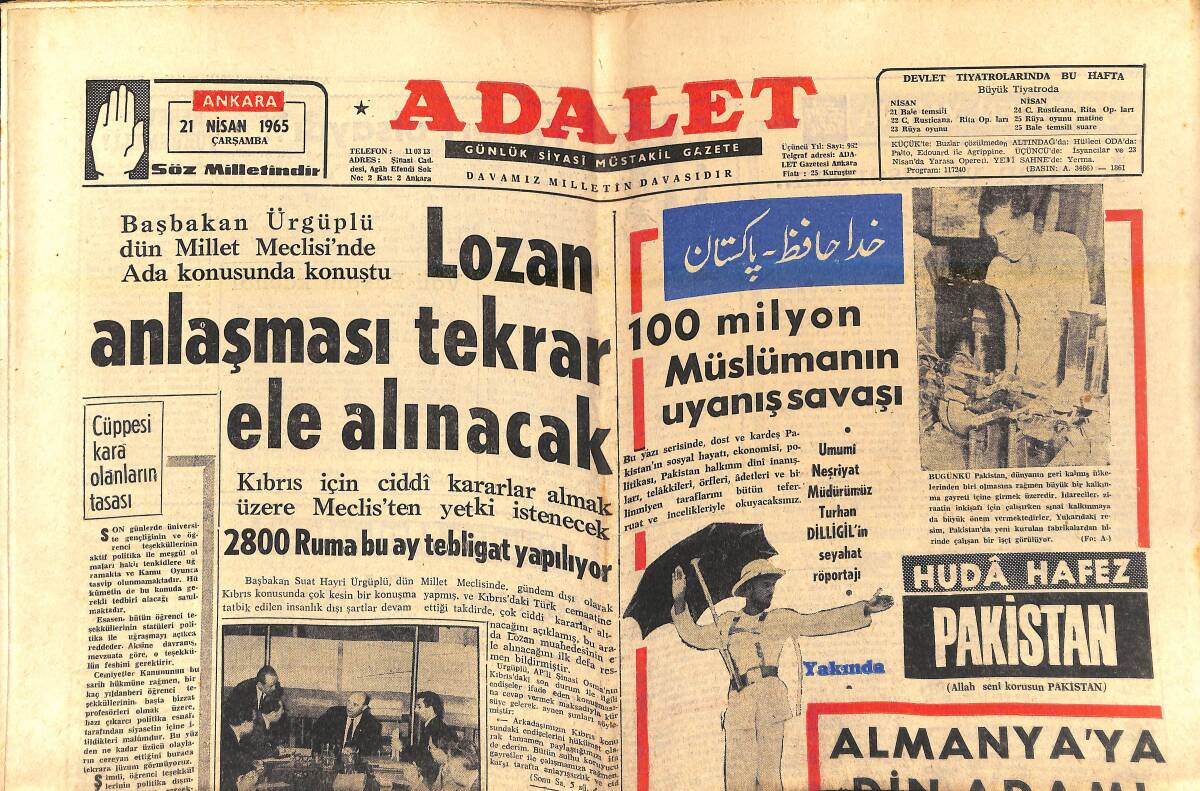 Adalet Gazetesi 21 Nisan 1965 - Lozan Anlaşmasını Tekrar Ele Alınacak - Almanya'ya Din Adamı Gönderilecek - Walt Disney'in Yeni Filmleri GZ139749 - 1