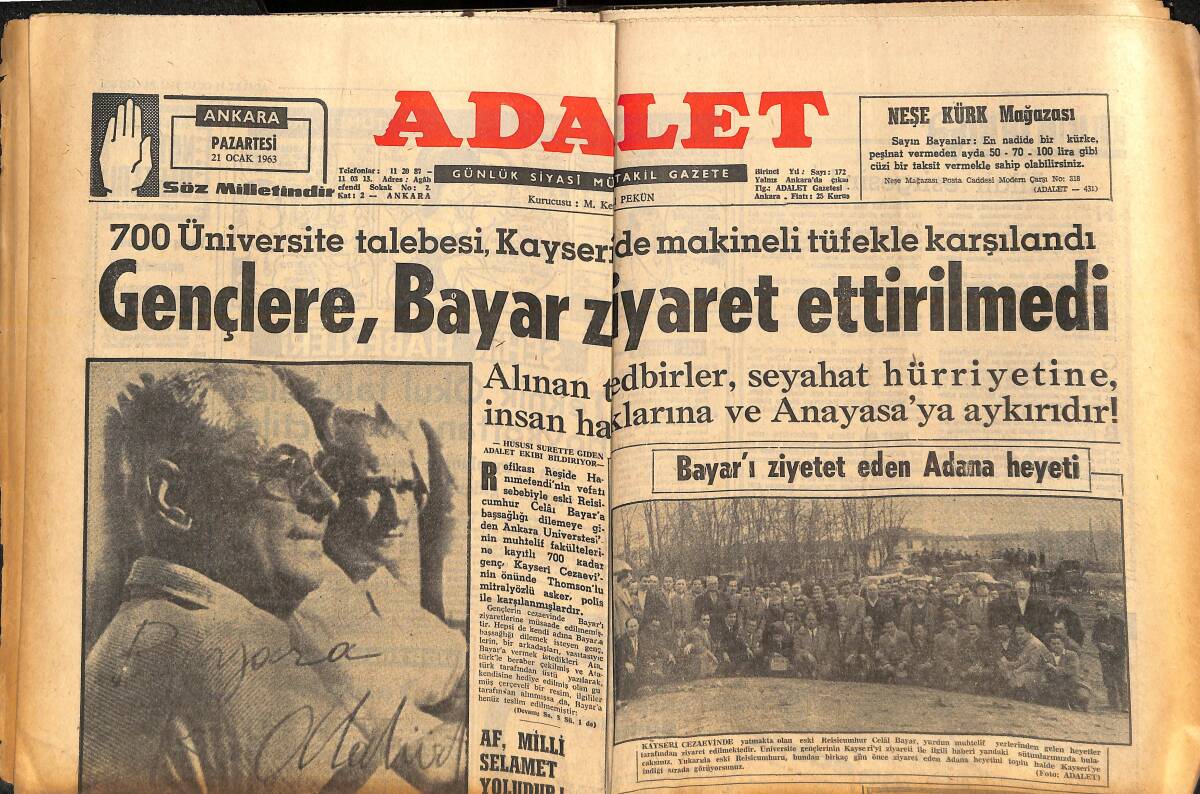 Adalet Gazetesi 21 Ocak 1963 - Menderes'in Mevlidinde Dua Eden Müftü İşinden Alındı - CHP Tarih Önünde Ebediyen Mahkumdur! GZ139560 - 1