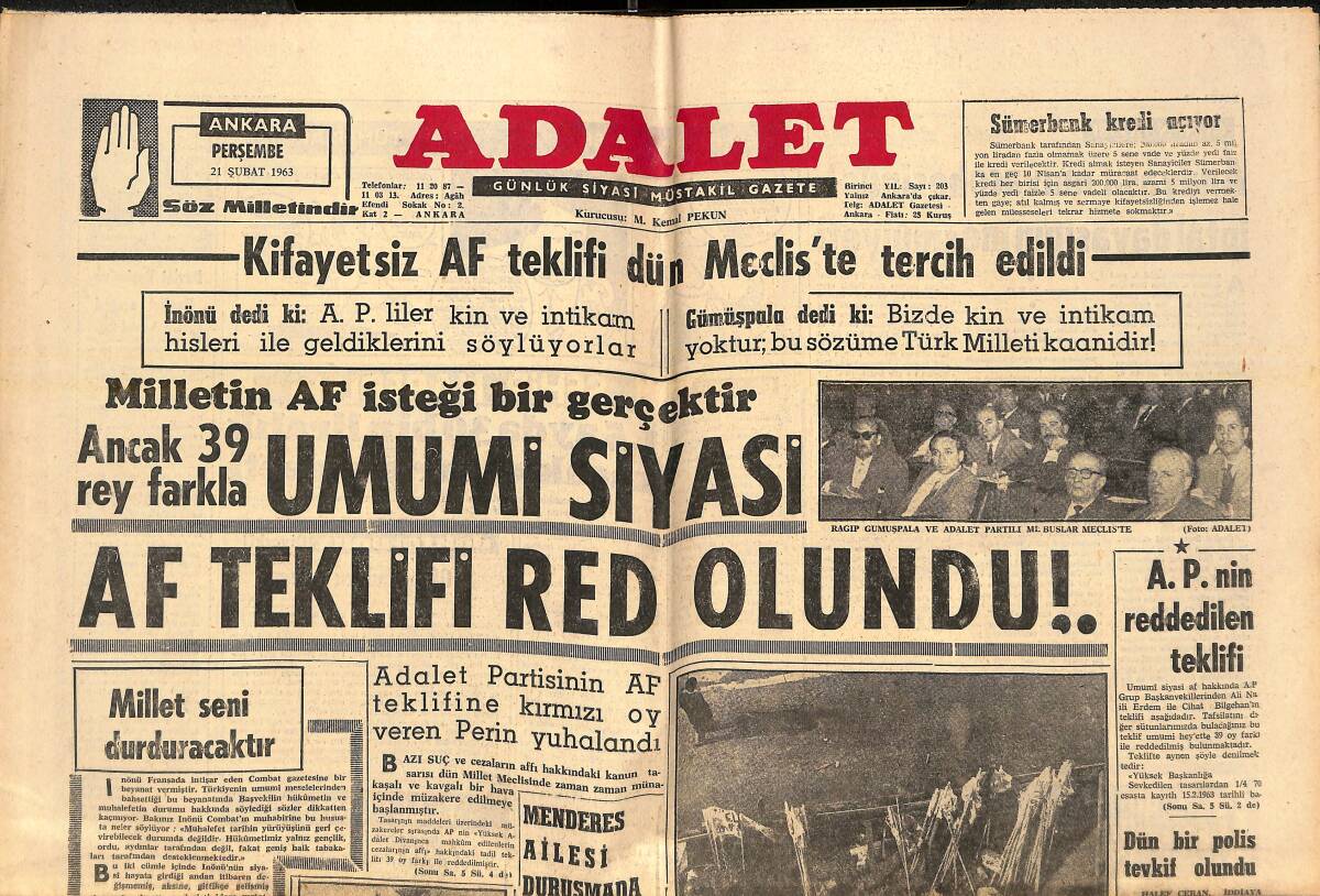 Adalet Gazetesi 21 Şubat 1963 - Umumi Siyasi Af Teklifi Red Olundu! - Öğretmenler Mitingi Dün Fiyasko Verdi! GZ139601 - 1