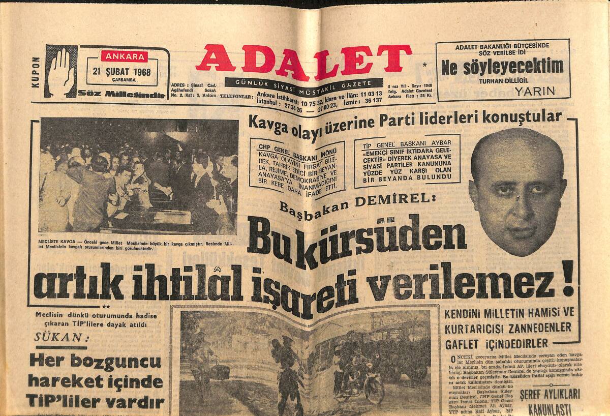 Adalet Gazetesi 21 Şubat 1968 - Celâl Bayar'ın Baldızını Öldüren Aşçı Adliyeye Verildi - Dokuz Subay Eğridir PTT Binasını Bastı GZ148745 - 1