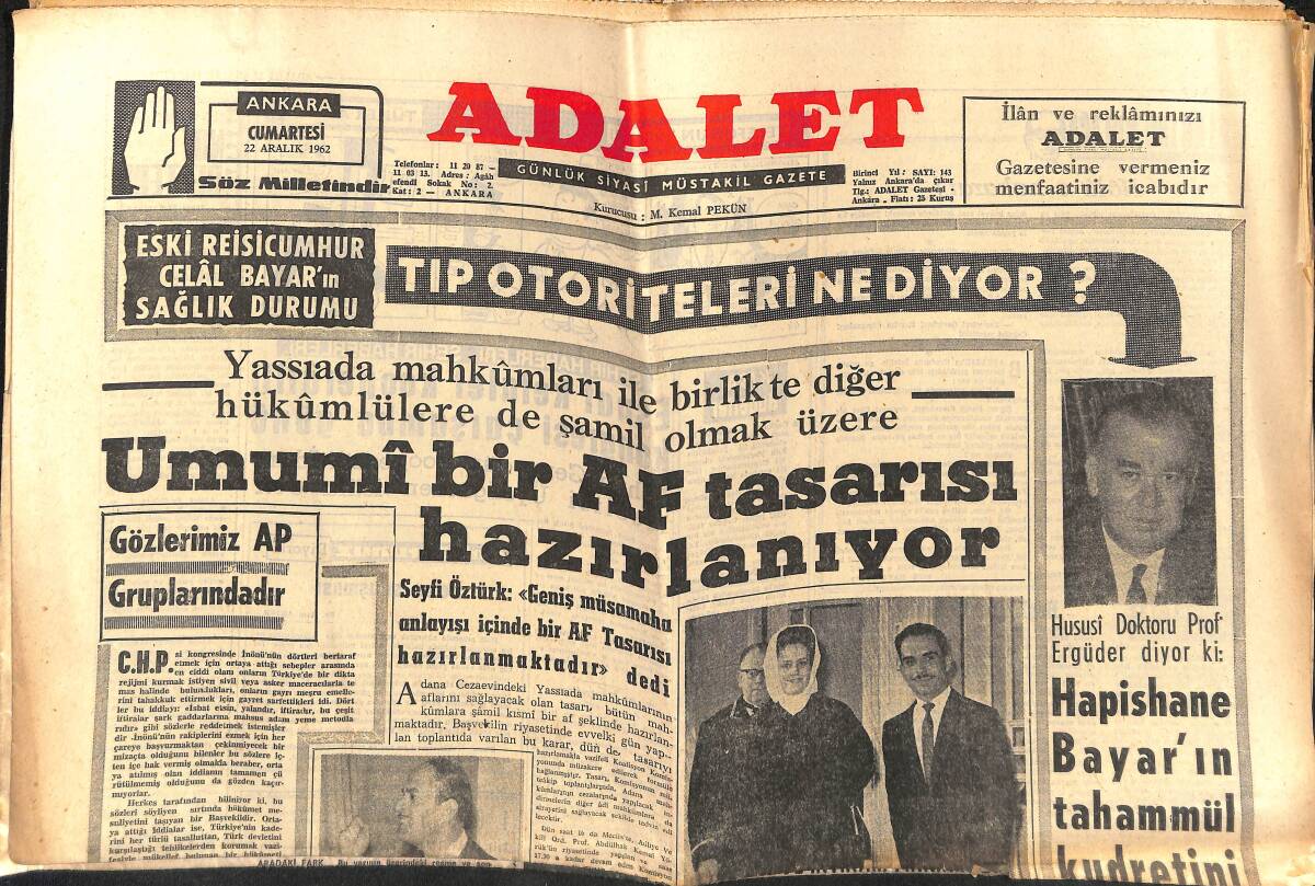 Adalet Gazetesi 22 Aralık 1962 - Umumi Bir Af Tasarısı Hazırlanıyor - İtalya'nın Sinema Yıldızı Gina İtalya'ya Veda Etti GZ139726 - 1