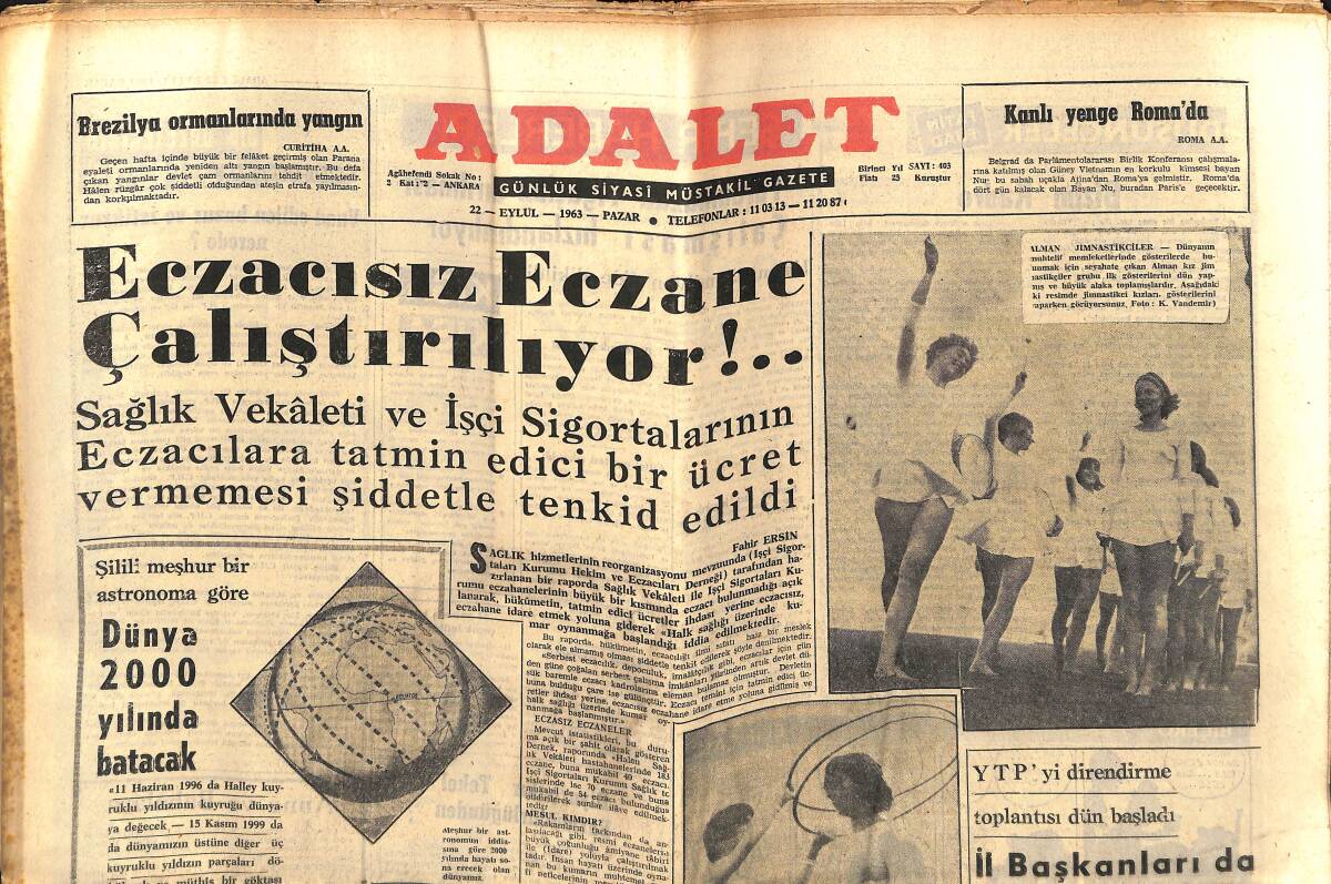 Adalet Gazetesi 22 Eylül 1963 - Dünya 2000 Yılında Batacak - Paul Anka Nihayet Diana'yı Unuttu - Bekata Bir Kere Daha Yalanlandı GZ139733 - 1