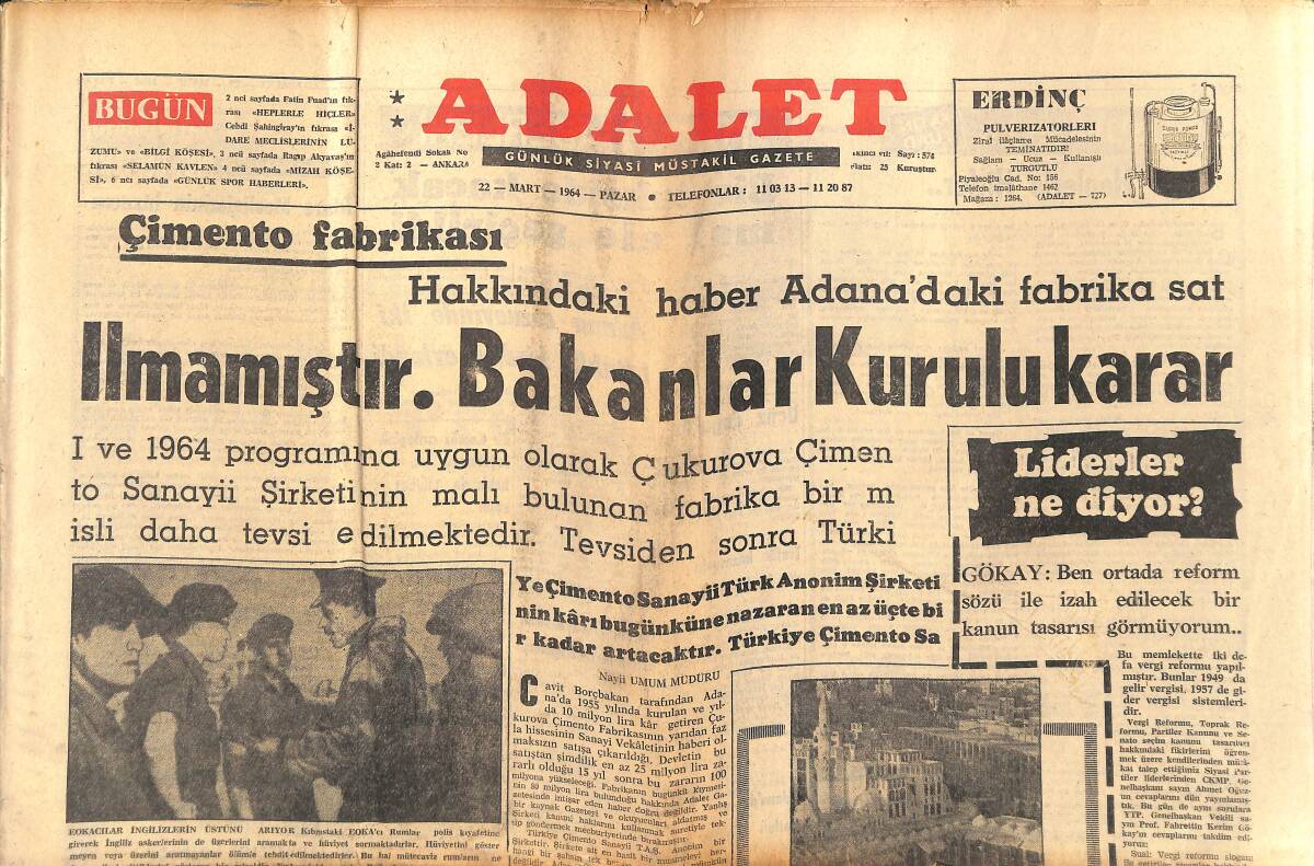 Adalet Gazetesi 22 Mart 1964 - Zeki Müren'i Hırpaladılar - Yüksel Menderes YTP'den İstifa Etti - Beşiktaş-Galatasaray GZ139722 - 1