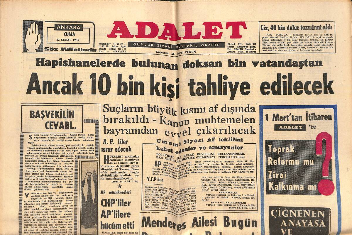 Adalet Gazetesi 22 Şubat 1963 - CHP'liler AP'lilere Hücüm Etti! - Adnan Menderes Ailesi Bugün Duruşmada Bulunacak! GZ139602 - 1