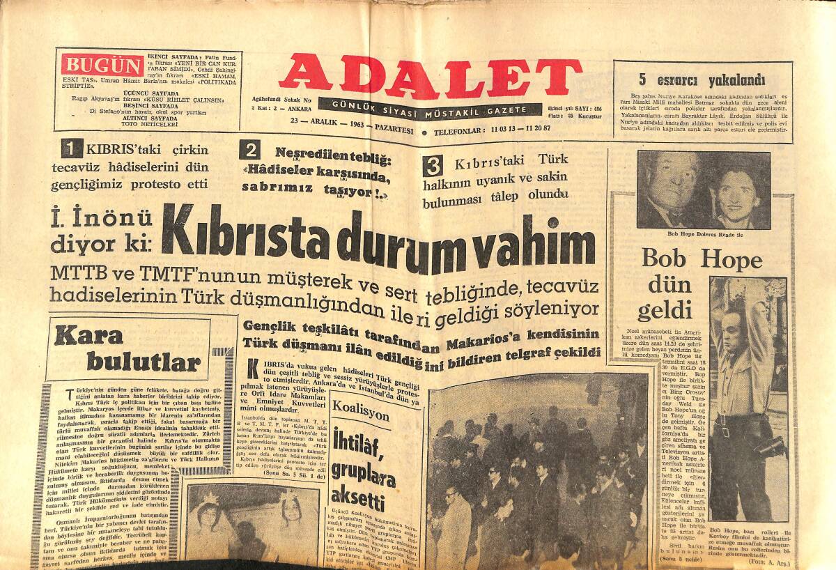 Adalet Gazetesi 23 Aralık 1963 - Bob Hope Dün Geldi - Arap Hafızları: Türk Hafızları Kuran-ı Kerim'i Yanlış Okuyor - Lolita Evleniyor GZ139704 - 1