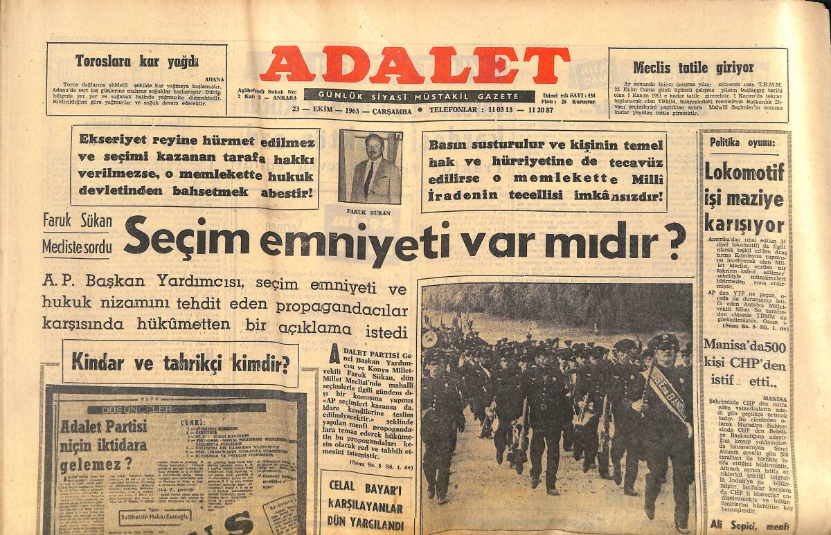 Adalet Gazetesi 23 Ekim 1963 - Faruk Sükan Meclis'te Sordu:Seçim Emniyeti Var Mıdır? - CHP Korkuyor! GZ139680 - 1