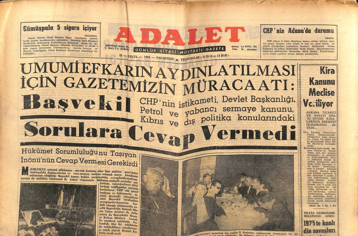 Adalet Gazetesi 23 Eylül 1963 - Başvekil İnönü Sorulara Cevap Veremedi - Hindistan'da Köleliğin Kaldırılmasına Çalışılıyor GZ139734 - 1
