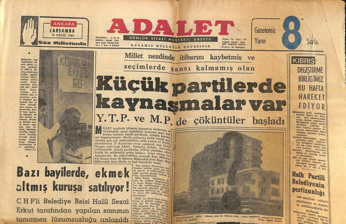 Adalet Gazetesi 23 Eylül 1964 - Saadettin Bilgiç İle Sükan Karman'daki Felaketzedelerle Görüşme Yaptı! - Halk Partili Belediyenin Partizanlığı GZ139872 - 1