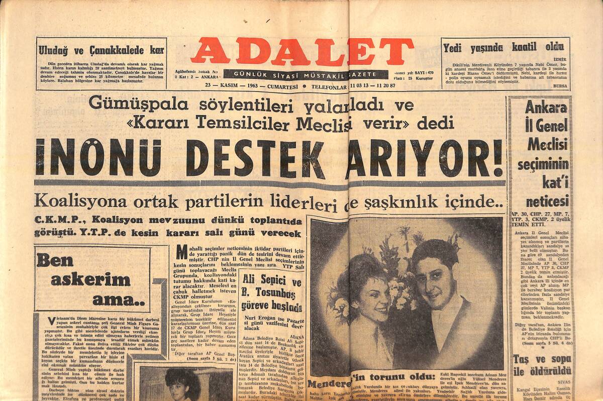 Adalet Gazetesi 23 Kasım 1963 - Adnan Menderes'in Torunu Oldu! - Kasım Gülek İthamlar İçin Bu Bir İnsafsızlık Dedi! GZ139610 - 1
