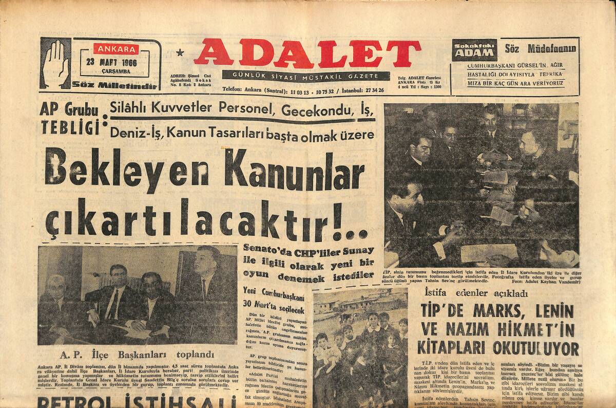 Adalet Gazetesi 23 Mart 1966 - Bekleyen Kanunlar Çıkartılacaktır! - Paşabahçe Grevinde Dün De Olaylar Çıktı! GZ139856 - 1