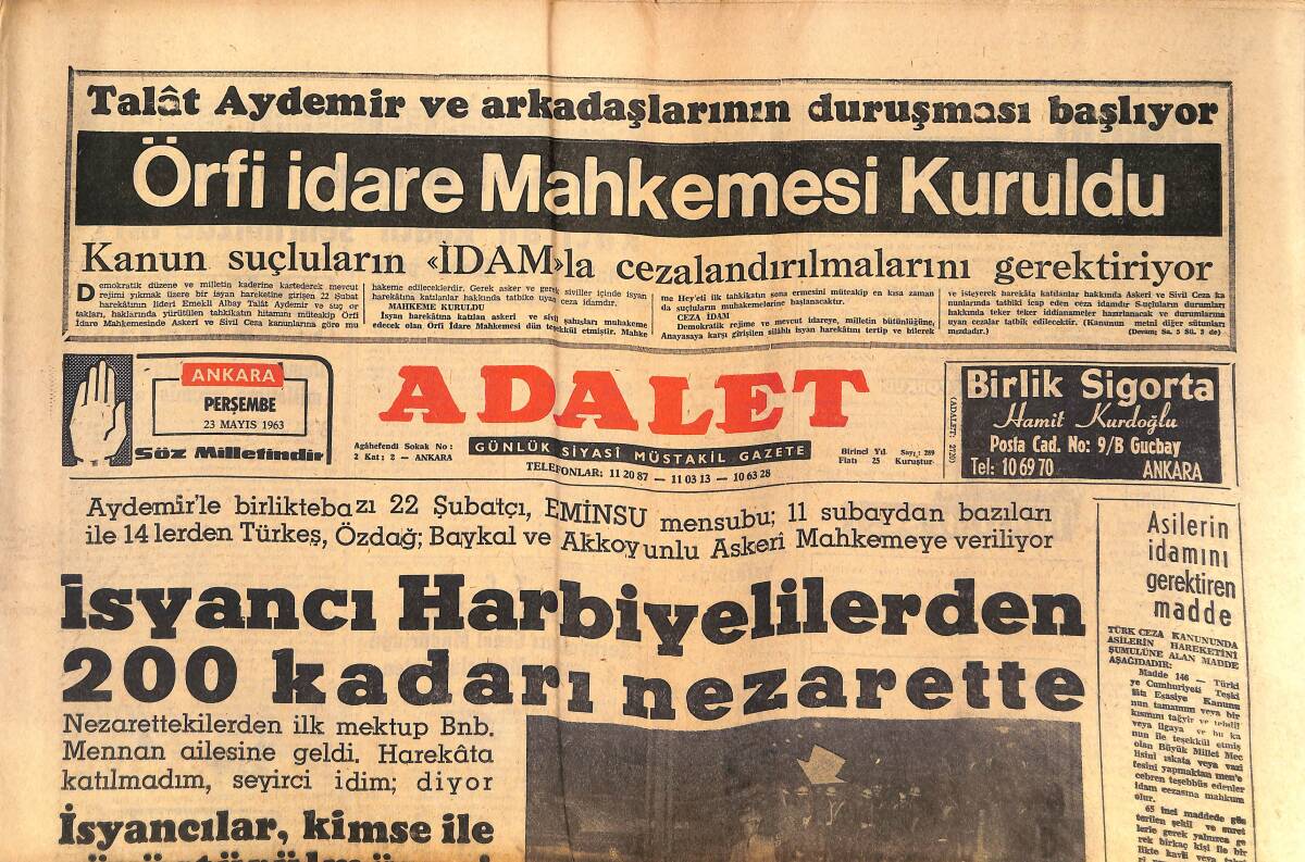 Adalet Gazetesi 23 Mayıs 1963 - İsyancı Harbiyelilerden 200 Kadarı Nezarette - Örfi İdare'nin İlk Gecesi Hadisesiz Geçti! GZ139683 - 1
