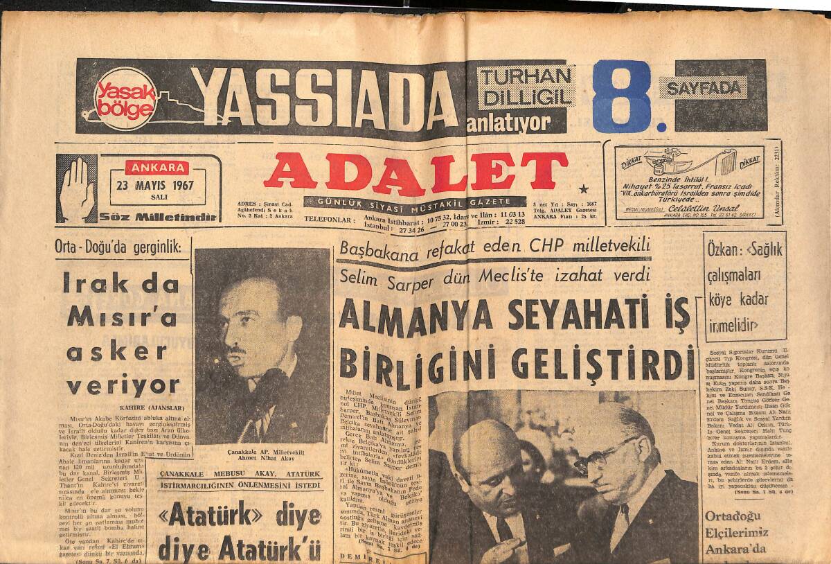 Adalet Gazetesi 23 Mayıs 1967 - Irak'da Mısır'a Asker Veriyor! - Orgeneral Nurettin Baransel Öldü! GZ139471 - 1