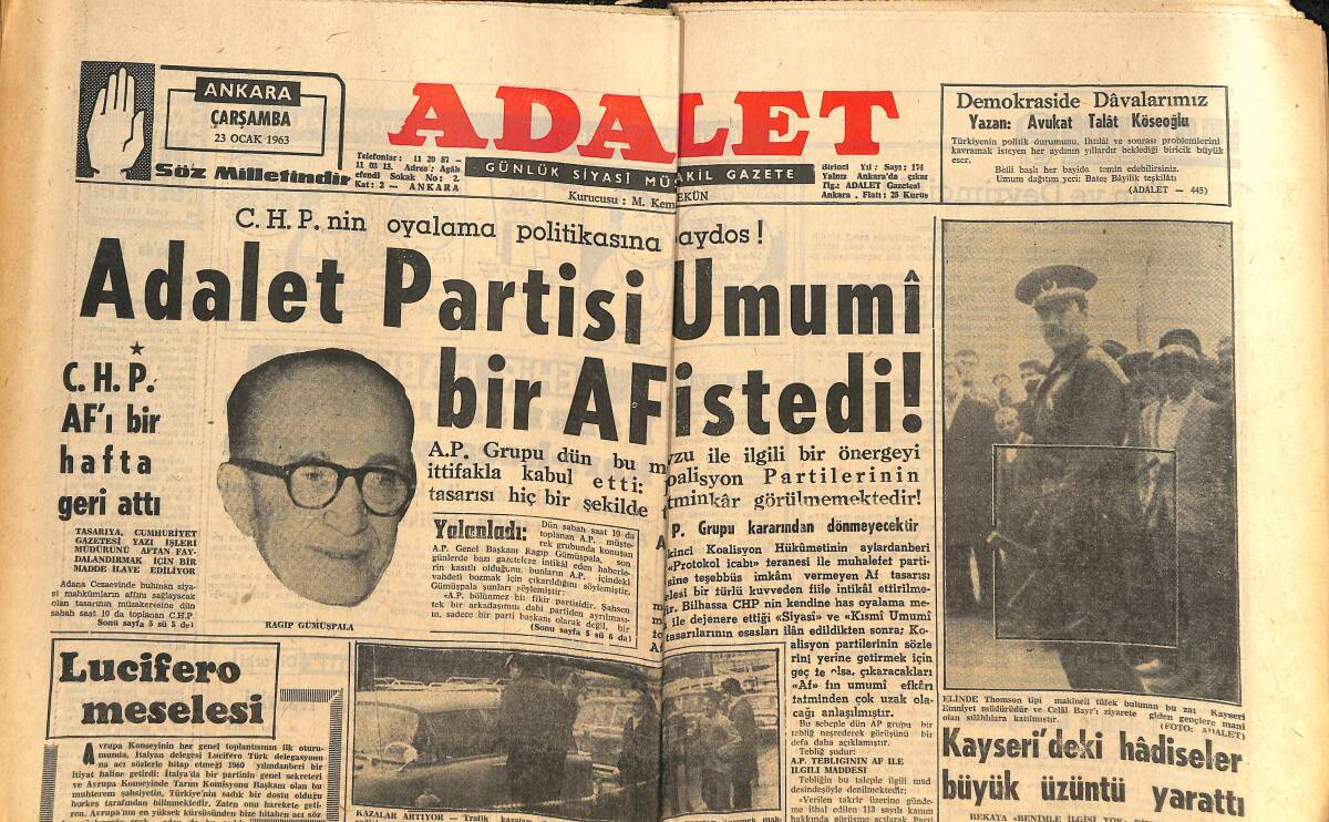 Adalet Gazetesi 23 Ocak 1963 - Adalet Partisi Umumi Bir Af İstedi - Galatasaray-Milan - Kayseri'deki Hadiseler Büyük Hüzün Yarattı GZ139538 - 1