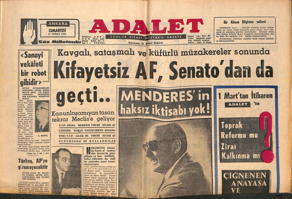 Adalet Gazetesi 23 Şubat 1963 - Adnan Menders'in Haksız İktisabı Yok! - Fransa'da İdam Cezalarının Kaldırılması İstendi! GZ139603 - 1