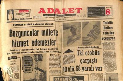 Adalet Gazetesi 23 Temmuz 1968 - Ankara-İstanbul Yolunda İki Otobüs Çarpıştı 10 Ölü , 58 Yaralı Var GZ93355 - 1