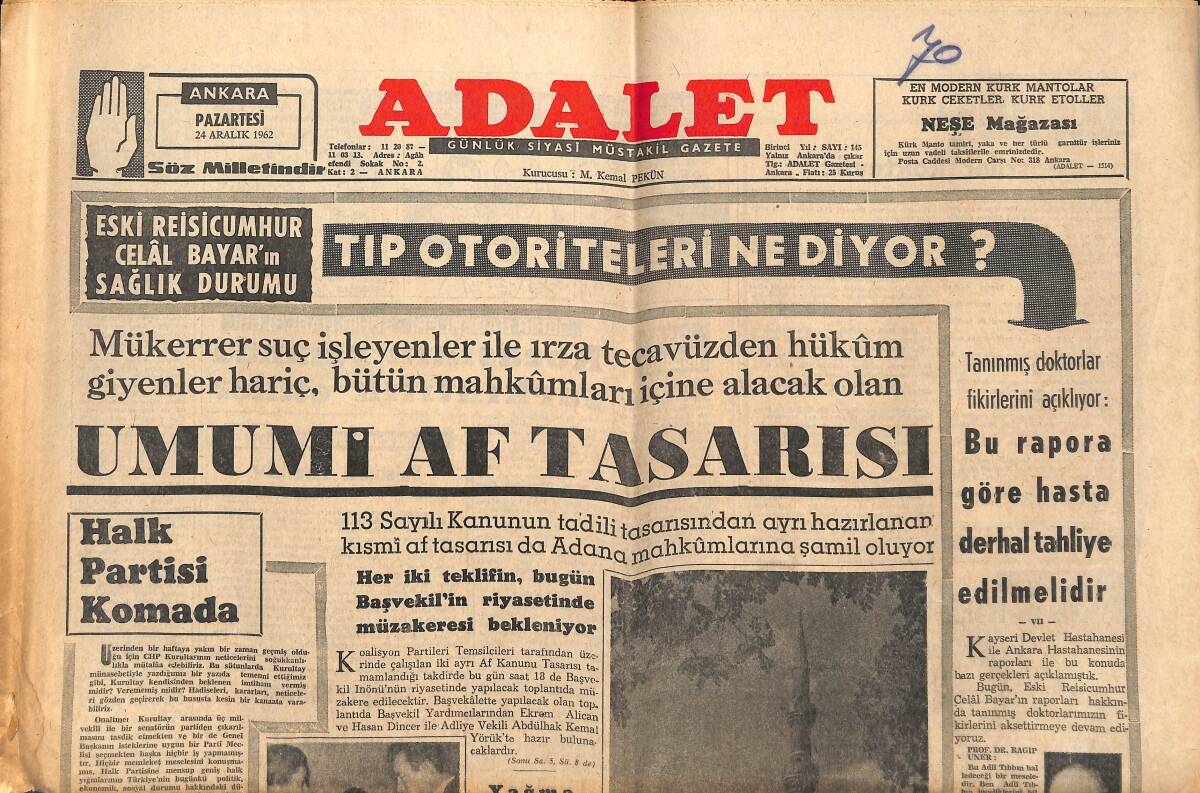 Adalet Gazetesi 24 Aralık 1962 - Altmışlık Meclis Reisi'nin İlk Aşkı! - Halk Partisi Komoda! GZ139912 - 1