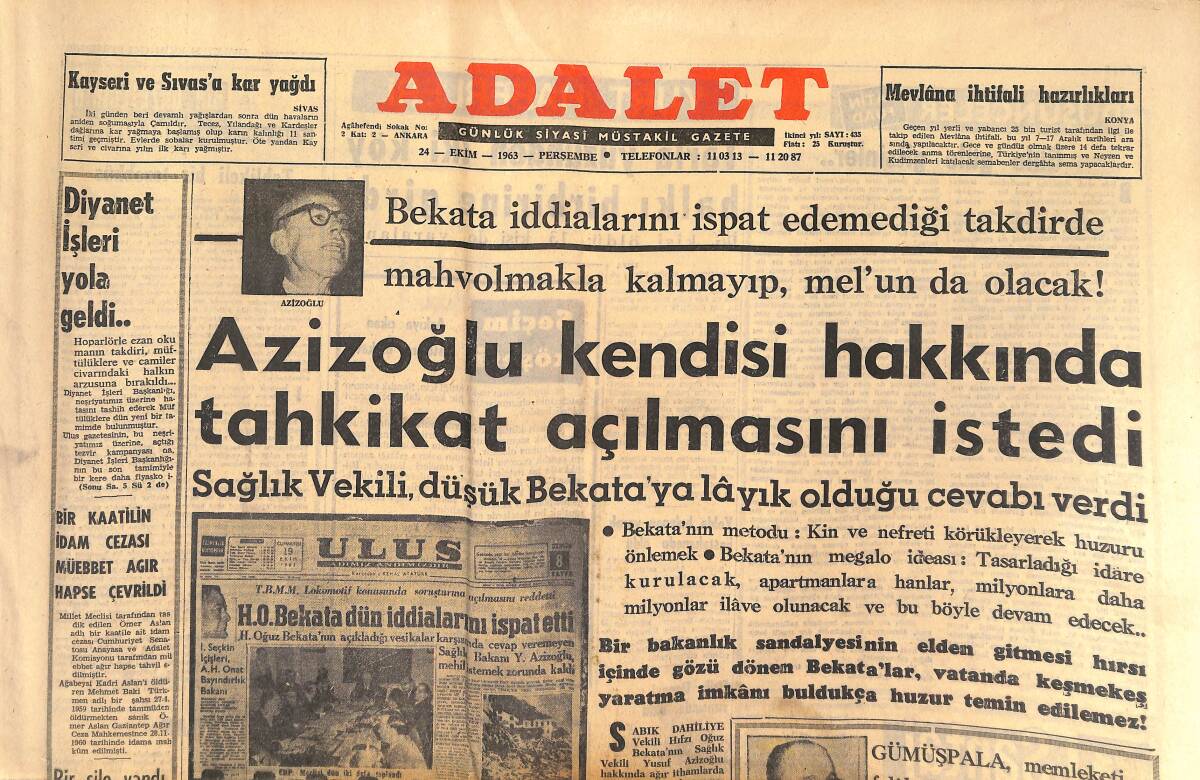 Adalet Gazetesi 24 Ekim 1963 - Azizoğlu Kendisi Hakkında Tahkikat Açılmasını İstedi - Gümüşpala: Milli İrade, Her Şeyin Üstündedir! GZ139679 - 1