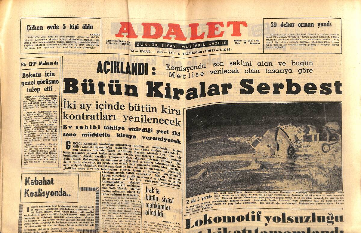Adalet Gazetesi 24 Eylül 1963 - Irak'ta Bütün Siyasi Mahkumlar Affedildi - Prenses Süreyya İstanbul'dan Ayrıldı - Milli Takımımız Frankfurt'ta GZ139735 - 1