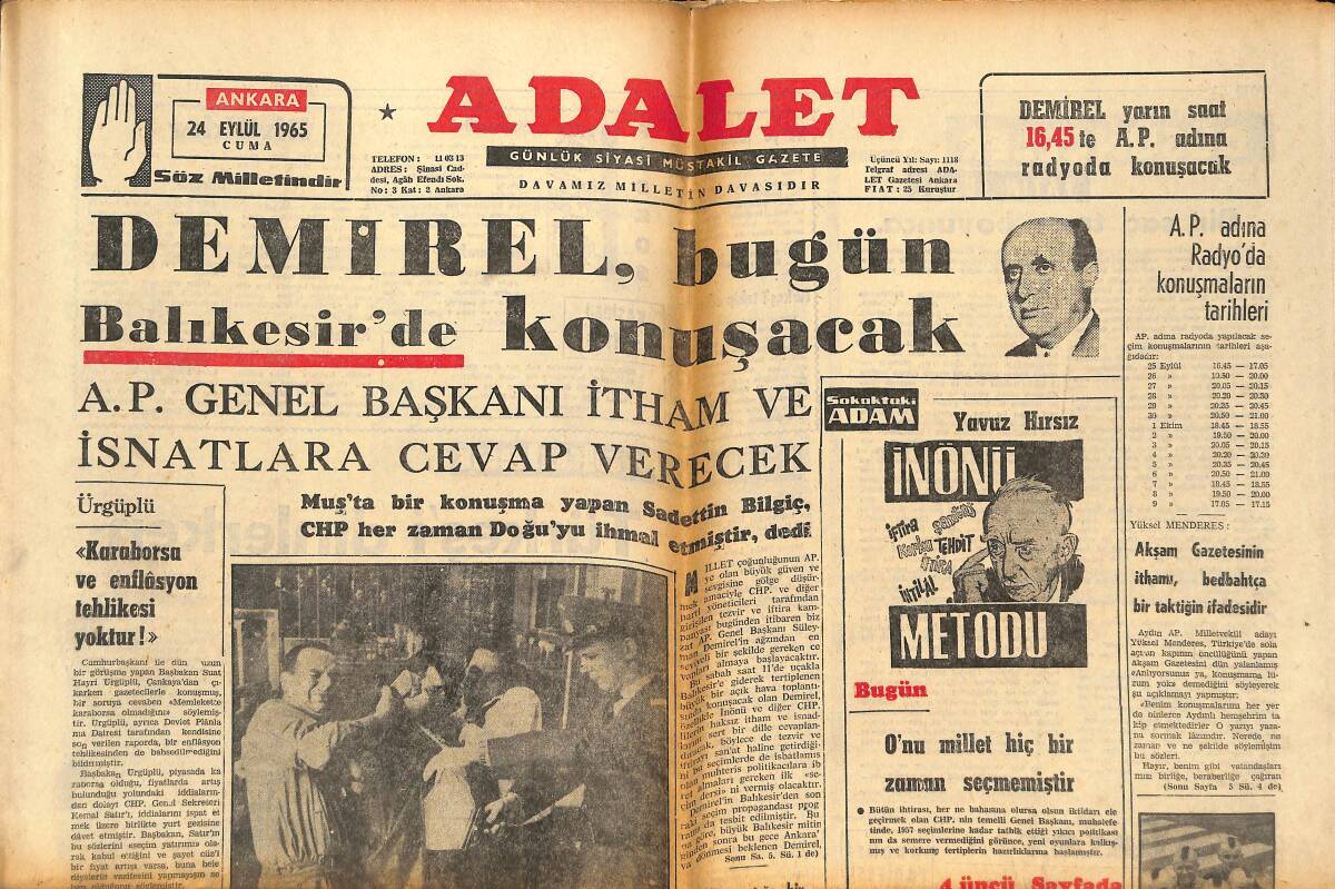 Adalet Gazetesi 24 Eylül 1965 - Atatürk Ve Komünistler - İnönü Bütün Vatandaşları Tahrik Ediyor - Burhan Göksel İddiacılara Cevap Verdi GZ139588 - 1