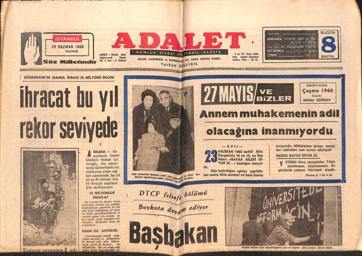 Adalet Gazetesi 24 Haziran 1968 - Başbakan Bugün Mecliste Konuşacak - Fransa'da Seçimler Dün Yapıldı! GZ139622 - 1
