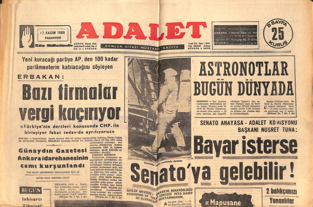 Adalet Gazetesi 24 Kasım 1969 - Celal Bayar İsterse Senato'ya Gelebilir! - Mapushane Çeşmesinden Kan Damlıyor! GZ139624 - 1
