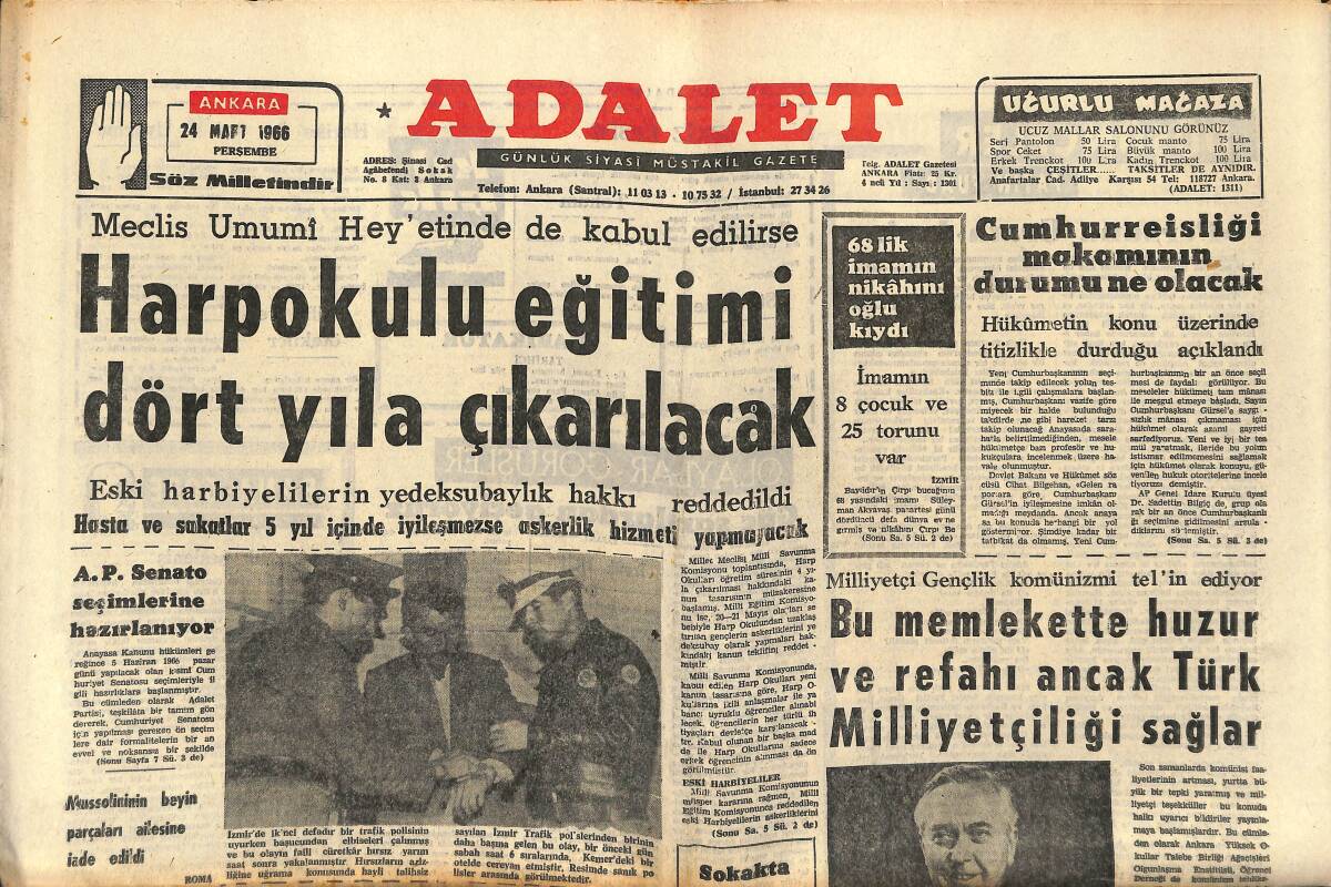 Adalet Gazetesi 24 Mart 1966 - 50 Bin Komünist Tevkif Edildi! - Harpokulu Eğitimi Dört Yıla Çıkarılacak ! GZ139857 - 1