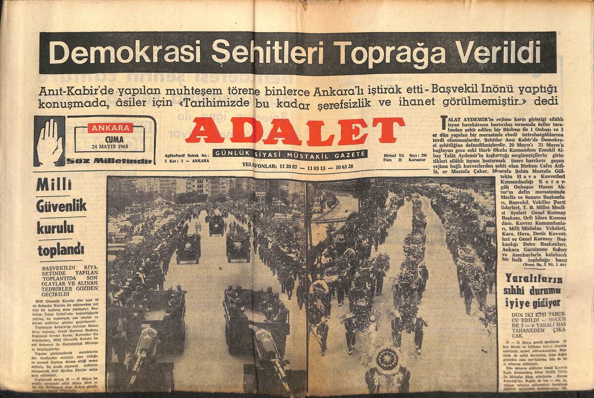 Adalet Gazetesi 24 Mayıs 1963 - Örfi İdare Mahkemesi Reis Ve Üyeleri Belli Oldu - Milli Güvenlik Kurulu Toplandı! GZ139682 - 1