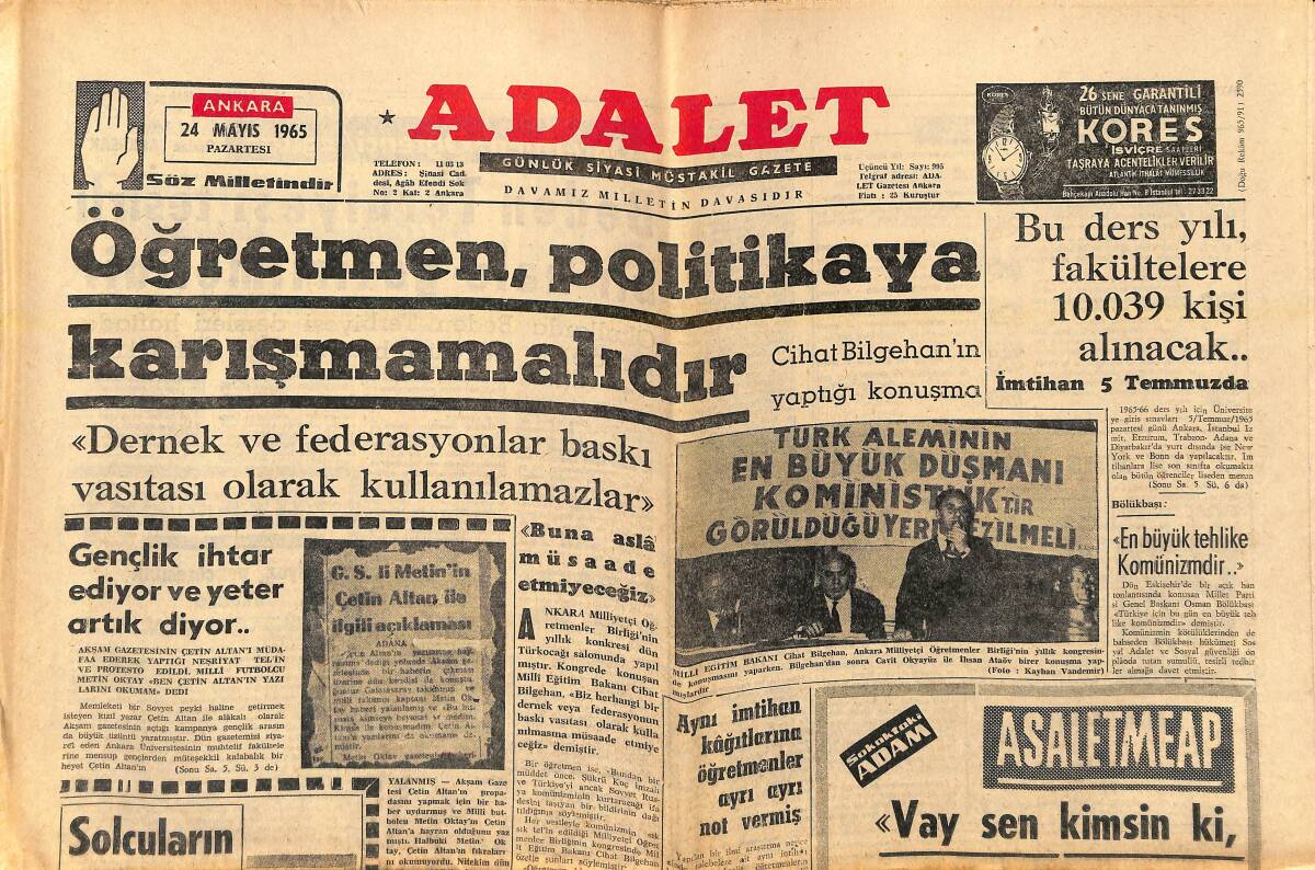 Adalet Gazetesi 24 Mayıs 1965 - Clay: Liston'u Geberticeğim - Bir İddiaya Göre Yunus Emre İdam Edilmiş GZ139758 - 1