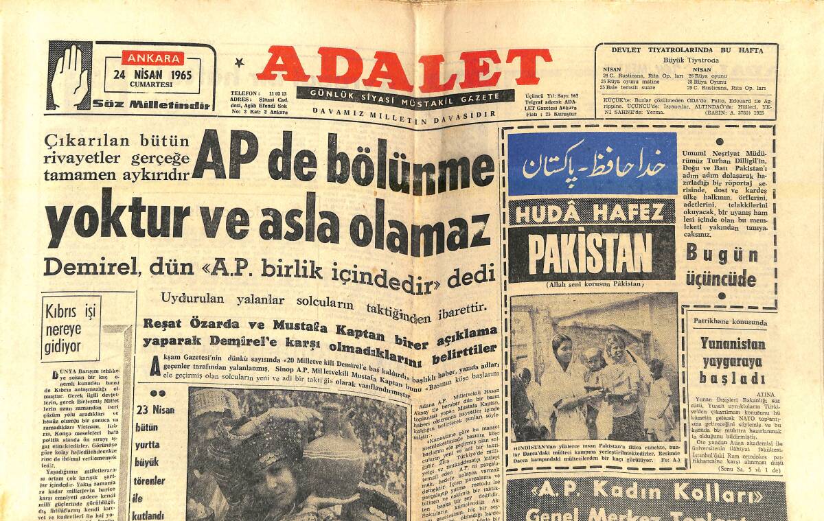 Adalet Gazetesi 24 Nisan 1965 - Kıbrıs İşi Nereye Gidiyor - Üniversitelerimiz İçin Yeni Bir Kanun Tasarısı Hazırlandı - İslamiyet Ve Masonluk GZ139750 - 1