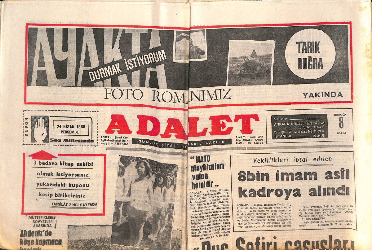 Adalet Gazetesi 24 Nisan 1969 - Akdeniz'de Köşe Kapmaca Başladı - Dünya'da İlk Göz Nakli Ameliyatı Yapıldı - Fenerbahçe Sakin Beşiktaş Endişeli GZ138574 - 1