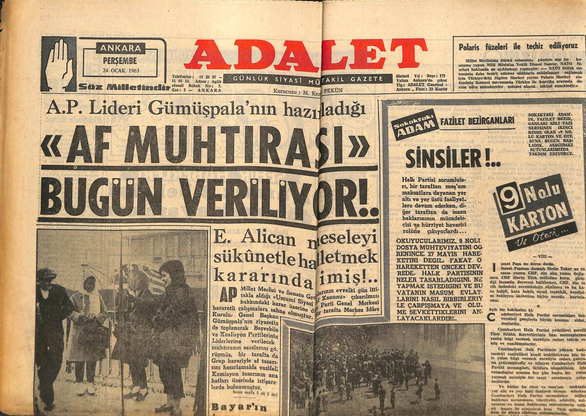 Adalet Gazetesi 24 Ocak 1963 - Galatasaray Milan'a 3-1 Mağlup - Milan Yarı Finalin Yolunu Mithatpaşa'da Buldu! GZ139561 - 1