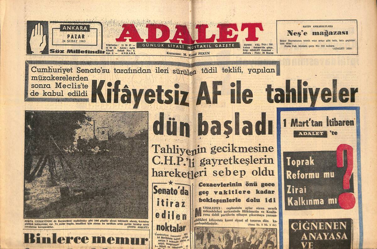 Adalet Gazetesi 24 Şubat 1963 - Kifayetsiz AF İle Tahliyeler Dün Başladı - Alpaslan Türkeş DP'LİLERE Dün Hulus Çaktı! GZ139604 - 1