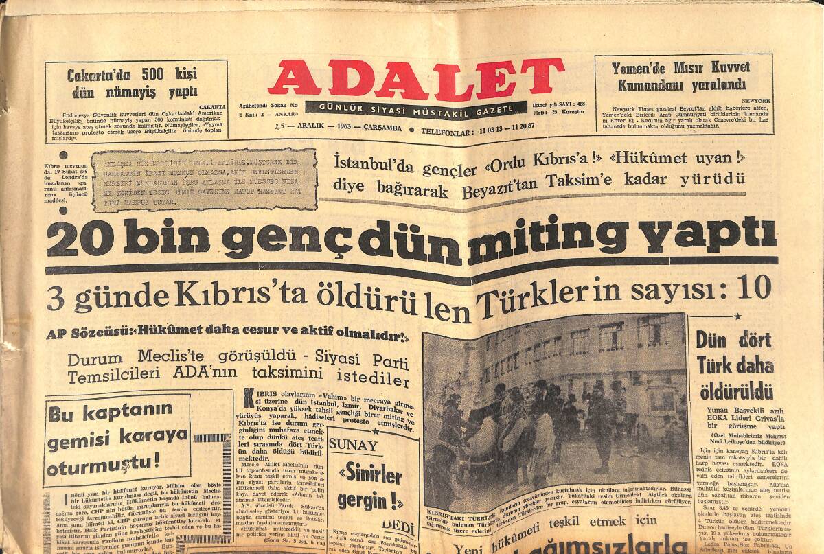 Adalet Gazetesi 25 Aralık 1963 - 20 Bin Genç Dün Miting Yaptı - Elizabeth Taylor, Richard Burton İle En Geç 20 Ocakta Evlenecek GZ139706 - 1
